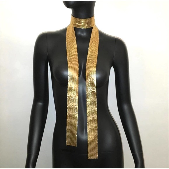 Gold Mesh Scarf Necklace Neck Wrap 60" S21 - Picture 1 of 4